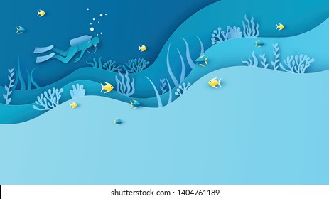 Underwater world with diver, fish, coral and place for text space. paper cut and craft style. vector, illustration.