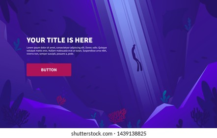 Underwater world with diver. Flat design. Website banner