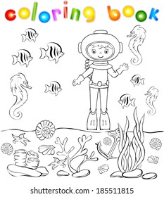 Underwater world with diver. Vector illustration. Coloring book