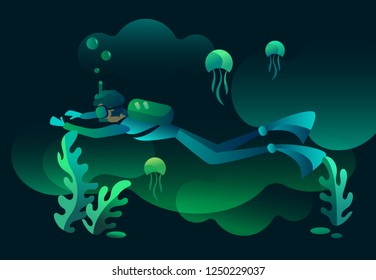 Underwater world. Diving underwater. Scuba diver.