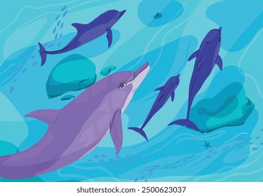 The underwater world with dolphins in blue water