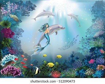 Underwater world with dolphins and mermaid.