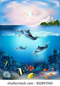 The underwater world with dolphins and plants 