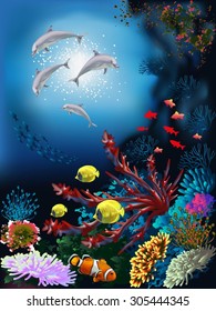 The underwater world with dolphins and plants 