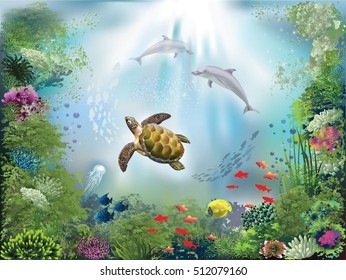 Underwater World With Dolphins And A Turtle