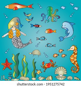 Underwater world doodle clipart vector set. Cartoon characters: fish, mermaid, crab, octopus, turtle, starfish, dolphin, seahorse, shells and sea plants. 