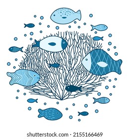 зщыеук underwater world doodle fish and coral blue on white background