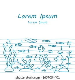Underwater world. Drawings of fish, shrimp, marine plants and shells . Blue waves on a white background. Place for your text. Vector illustration.