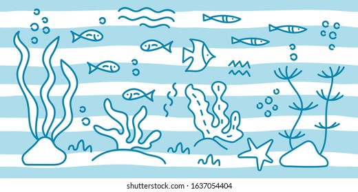 Underwater world. Drawings of fish, shrimp, marine plants and shells . Blue waves on a white background. Horizontal composition. Vector illustration