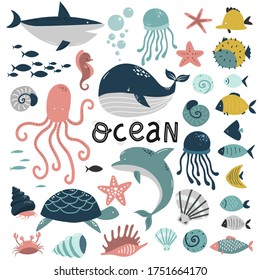 Underwater World Elements Set, Sea Ocean, Cute Animals Jellyfish And Fish, Blue Whale And Shark, Vector Illustration 