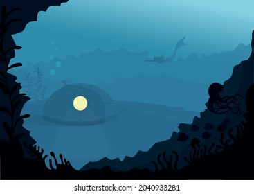 Underwater world. Fantastic, futuristic concept. The mermaid in the ocean swimming to her underwater home.