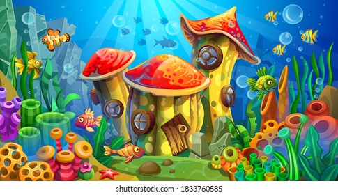 Underwater world. A fantastic town of sea inhabitants.