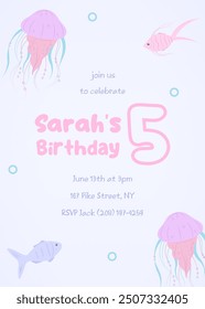 Underwater world fifth birthday invitation. Cute marine life theme with fish and jellyfish, perfect for a children's party