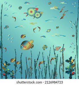 Underwater world. Fish among algae in the depths of the sea. Panel for swimming pools on a marine theme.