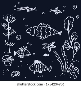 Underwater world, fish among marine plants. . Vector illustration on white background. For cards, posters, decor, t shirt design, logo.
