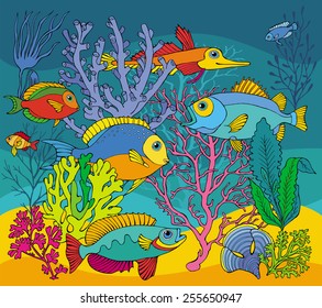 The underwater world of fish and corals Set