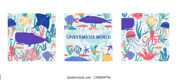 Underwater world fish, jellyfish, octopus, clownfish, seaplants and corals, set with marine animals for print, textile, wallpaper, nursery decor, prints, childish background. Vector