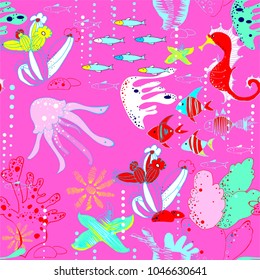 Underwater world with fish, jellyfish, sea horses, starfishes, corals, waterways in white, red, pink yellow and light blue colors the seamless pattern on blue background.