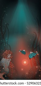 Underwater world with fish and mermaid.