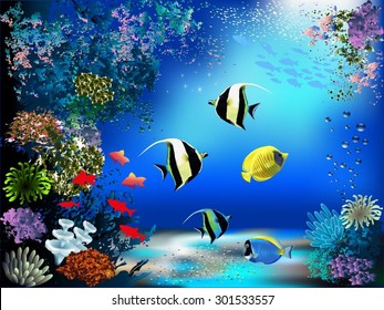 The underwater world with fish and plants 