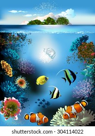 The underwater world with fish and plants 