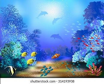 The underwater world with fish and plants 