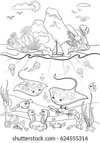 Underwater world with fish, plants, island and caravel coloring for children cartoon vector illustration. Zentangle style. Black and white