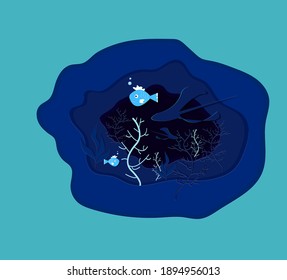 Mundo submarino con peces, rayas, corales y algas. Ilustración vectorial en el estilo de papel cortado. La imagen está en tonos azules.