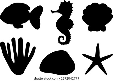 Underwater world fish seahorse coral algae starfish shell black silhouette vector illustration
