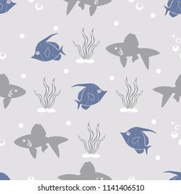 Underwater world. Fish seamless pattern. Children's pattern with fish and algae. Fishing pattern