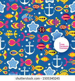Underwater world fish seamless pattern, vector illustration. Background with abstract colorful sea creatures, aquarium fish. Decoration for children clothes, linen, wrapping paper, blanket or notebook