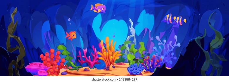 Underwater world with fish and seaweed. Vector cartoon illustration of sea bottom with exotic fauna and tropical plants growing in sand, coral reef, sunlight and bubbles in water, seabed wildlife