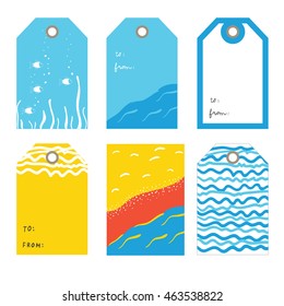 The underwater world, fish. Set of 6  creative tags  templates with marine theme design.  Red, blue and yellow Collection tags, cute tags, Set tags, printable tags, hand drawn tags