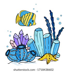 El mundo submarino con peces, estrellas de mar, algas, cristales. Arrecife de coral, ilustración marina tropical. Fondo del acuario de la cubierta. Ilustración marina