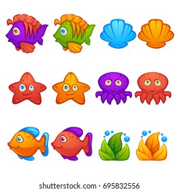 Underwater world, fish, stars, octopus, bubble shooter, match 3, vector objects and blocks