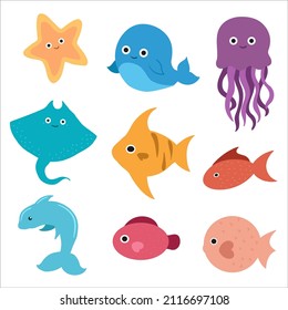 Underwater world with fish, stingrays, dolphins, octopuses and whales. Vector cute illustration of the ocean or sea. A set of marine and ocean underwater animals
