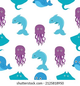 Underwater world with fish, stingrays, dolphins, octopuses and whales. Vector cute illustration of the ocean or sea. A set of marine and ocean underwater animals