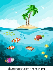 Underwater world with fish and tropical island