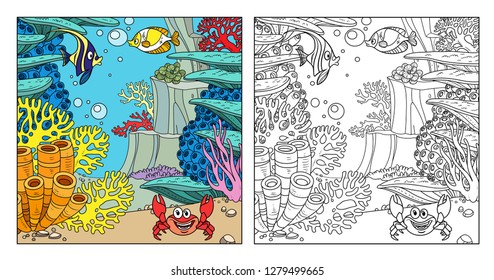 Underwater world with fishes, crab, corals and anemones color and outlines for coloring page on white background
