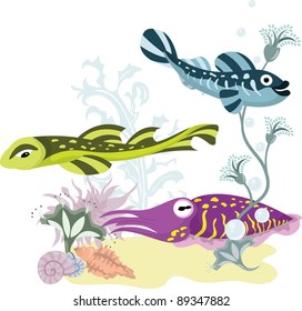 The underwater world, fishes and a cuttlefish
