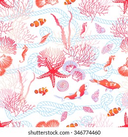 Underwater world with fishes, red star, shells, seahorse, algae seamless vector print. Blue marine rope background.