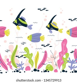 Underwater world fishes tropical seamless pattern. Fish, algae, corals bright Scandinavian flat cartoon design style. Great for children's print, wallpaper, decor, scrapbooking, covers, tiles.1