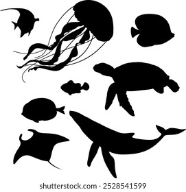 mundo subaquático peixes e silhuetas de tartaruga isolados no branco.