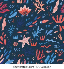 Underwater world flat hand drawn seamless pattern. Seaweed, corals, fish, shells cartoon illustrations. Scandinavian style. Marine, nautical backdrop. Sea life kid textile, wrapping paper, background 