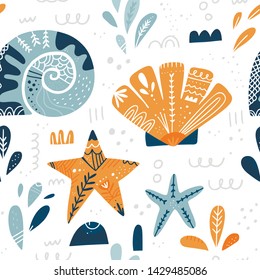 Underwater world flat vector seamless pattern. Starfish, shells cartoon illustrations. Marine, nautical scandinavian style background. Sea life childish textile, wrapping paper, wallpaper design