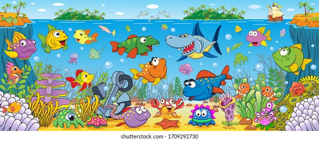 Underwater world with funny bright tropical fish.