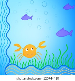 Underwater world. Funny crab, fish and sea weed. Vector illustration.
