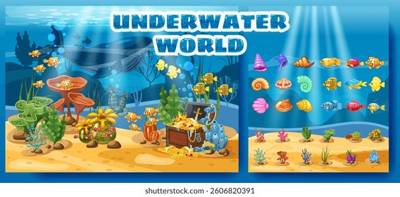 Underwater World game for kids, bottom sea ocean, pirate treasure chest