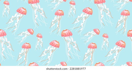 Underwater world with hand drawing jellyfish seamless pattern, concept of summer, sea, and ocean background design