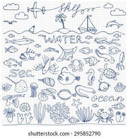 Underwater world hand drawn doodle set. Vector illustration for backgrounds, web design, design elements, textile prints, covers 
